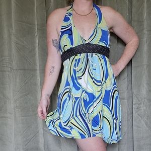 y2k McBling Coastal Momcore Polka Dot Blue, Green Strappy Halter Mini Dress